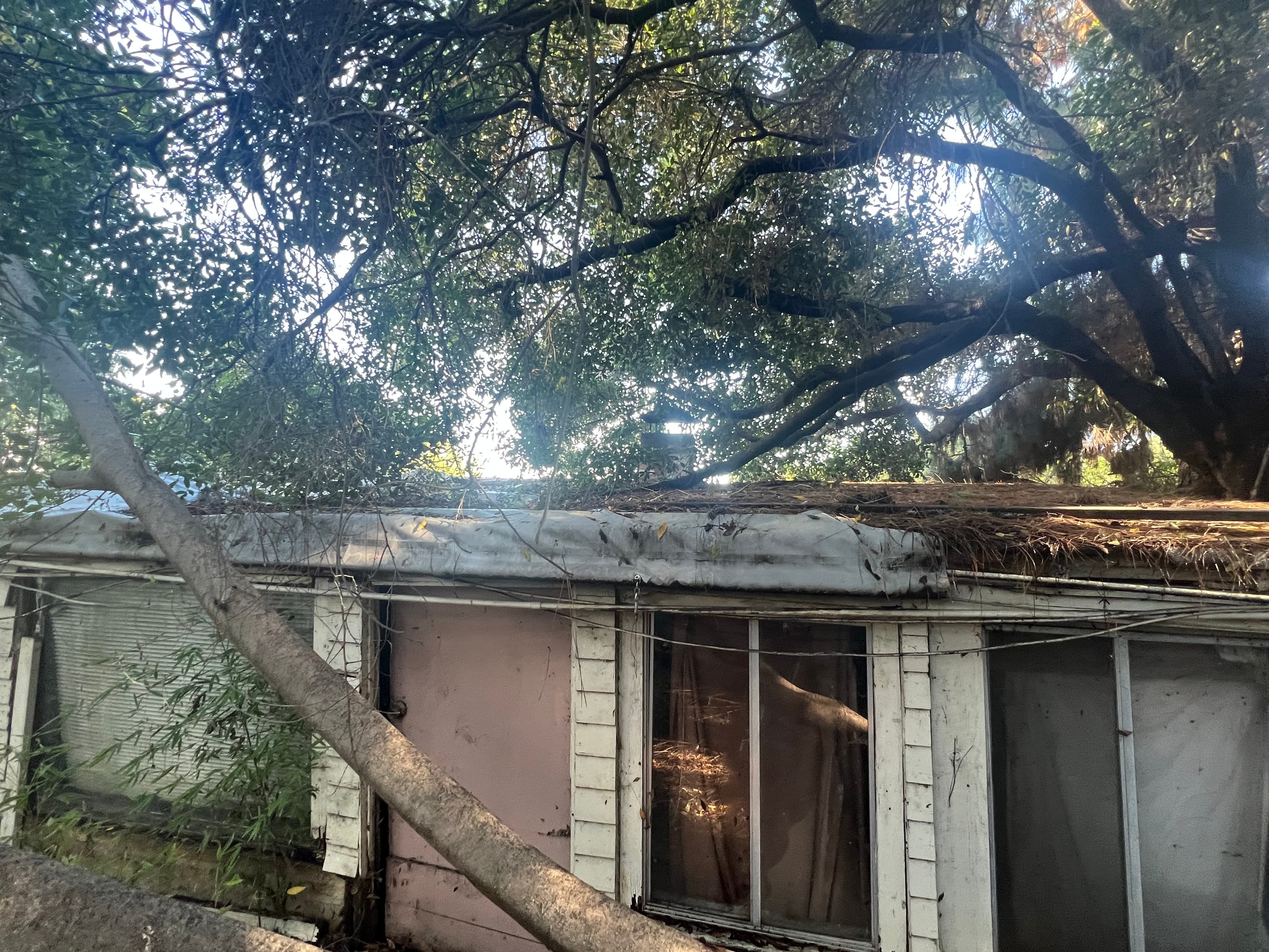 California home with heavy water staining, warped siding and a sagging gutter on a rainy day